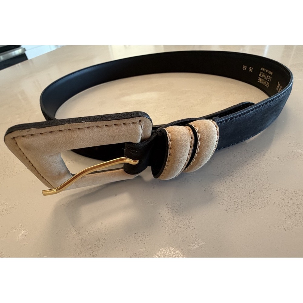 Jaeger Italy Genuine Leather Black Cream Waist Belt Gold Buckle Size 26 XS